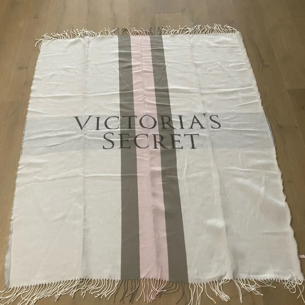 Victoria's Secret Cream Pink Gray Stripe Logo Fringe Blanket Throw 52 x 61